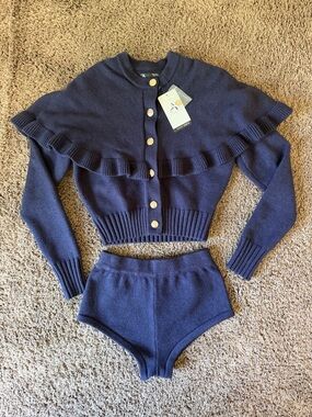 Ruffled Capelet Knit Cardigan Set - Navy